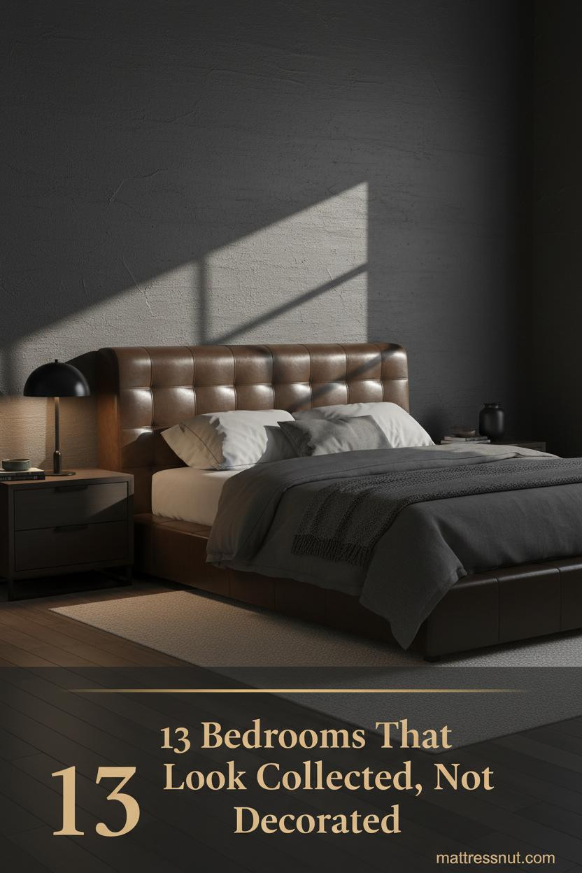 Dark masculine bedroom with charcoal plaster walls, walnut nightstand, matte black ceramic vessel, linen bedding, and warm task lighting