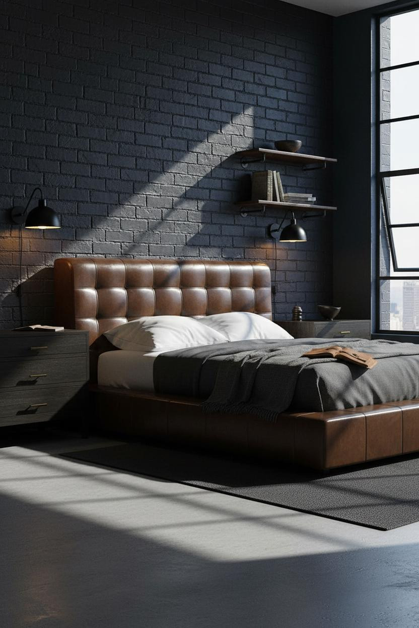 Modern Masculine Bedroom Industrial Brick Concrete