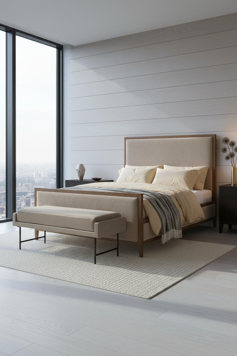 Bright modern master bedroom with upholstered bed frame, cushioned bench at foot, neutral bedding, soft natural light from window, warm wood flooring, minimalist decor.