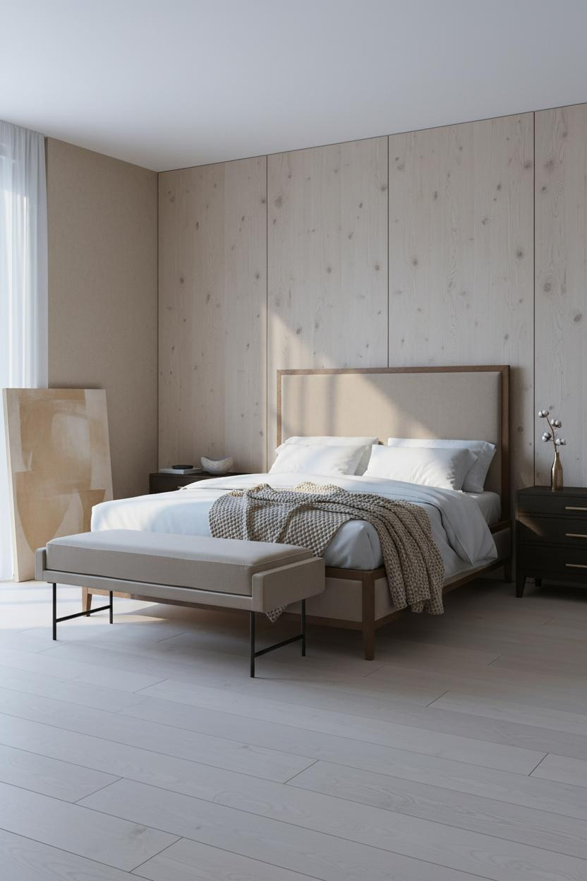 Bright modern master bedroom with neutral palette, featuring a low-profile bed frame with upholstered headboard, matching cushioned bench at foot, soft natural lighting, and clean minimalist decor.