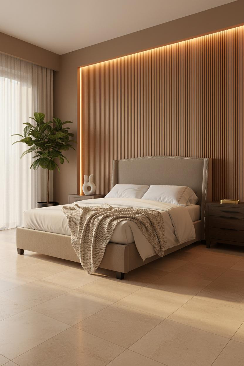 Bright modern master bedroom with neutral tones, featuring a luxury bed frame, wooden nightstand, soft bedding, and natural window light creating an elegant, minimalist bedroom retreat.