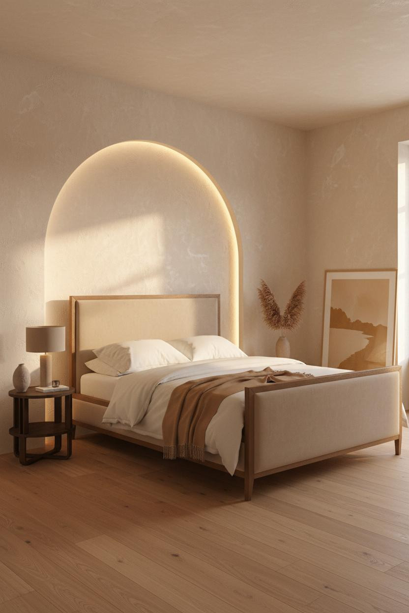 Bright modern master bedroom with neutral tones, featuring a contemporary bed frame, wooden nightstand, soft bedding, and natural window light creating an elegant, minimalist sanctuary.