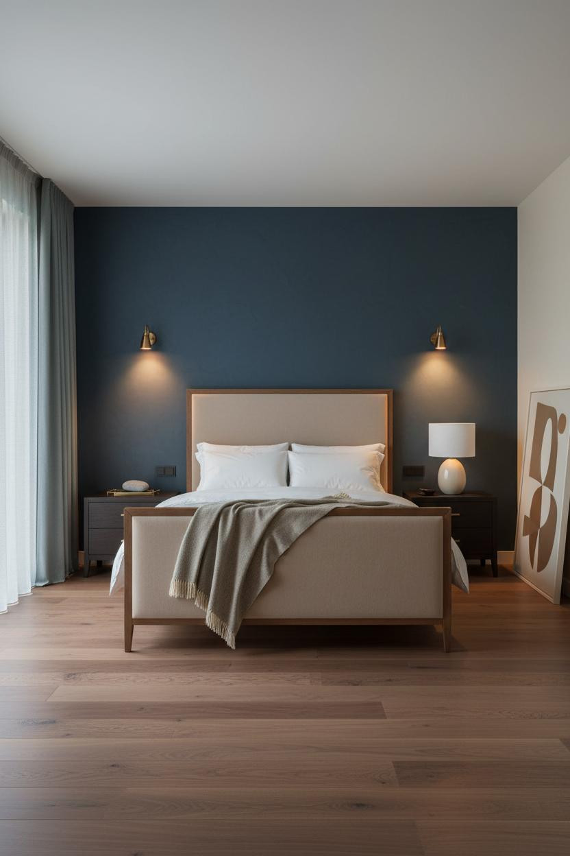 Bright modern master bedroom with neutral tones, featuring an elegant upholstered bed frame, matte brass bedside lamp, soft linen bedding, and minimalist nightstand in a clean, airy space with natural light.