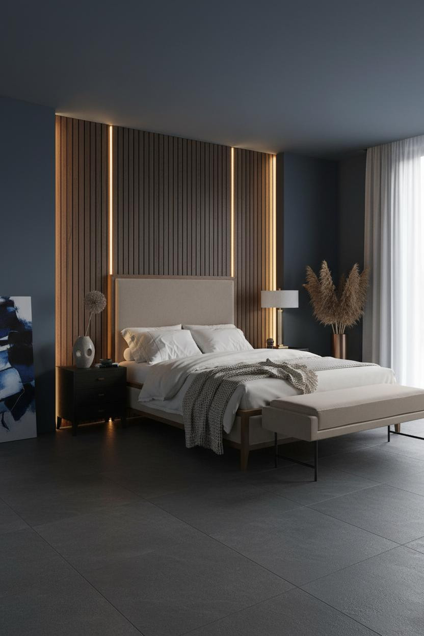 Modern master bedroom with upholstered bed frame, cushioned bench at foot, neutral bedding, soft natural light from window, warm wood flooring, minimalist decor.