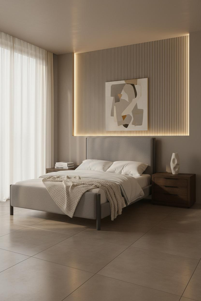 Bright modern master bedroom with neutral tones, featuring a contemporary bed frame with upholstered headboard, matching wooden nightstand, soft bedding, and natural window light creating an elegant, minimalist bedroom design.