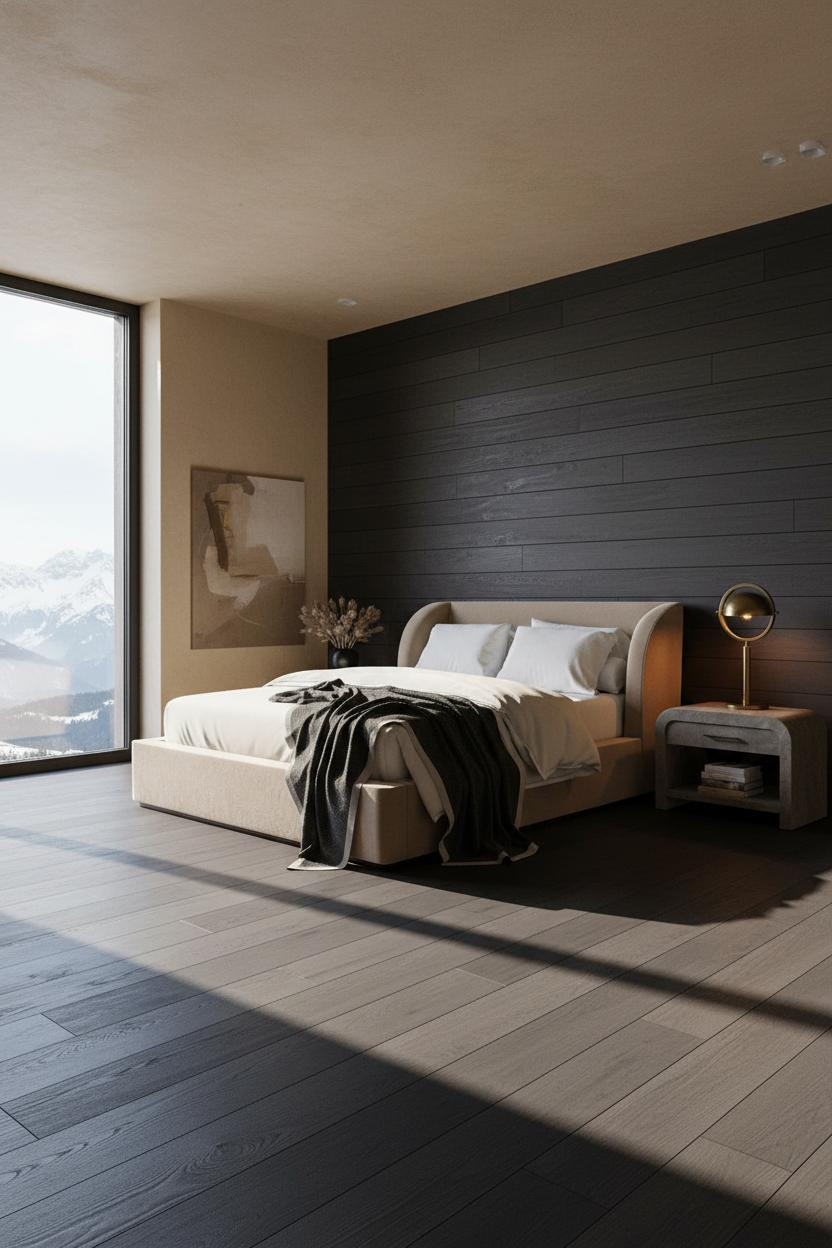Bright modern master bedroom with neutral tones, featuring a contemporary bed frame with upholstered headboard, wooden nightstand, soft bedding, and natural daylight from large windows creating an airy, minimalist luxury bedroom aesthetic.