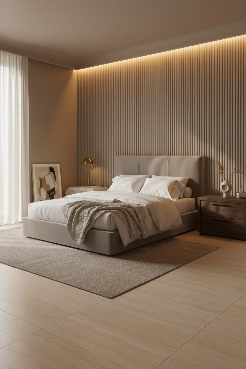 Bright modern master bedroom with neutral palette, luxury bed frame, wood nightstand, soft bedding, natural window light, and minimalist decor styling.