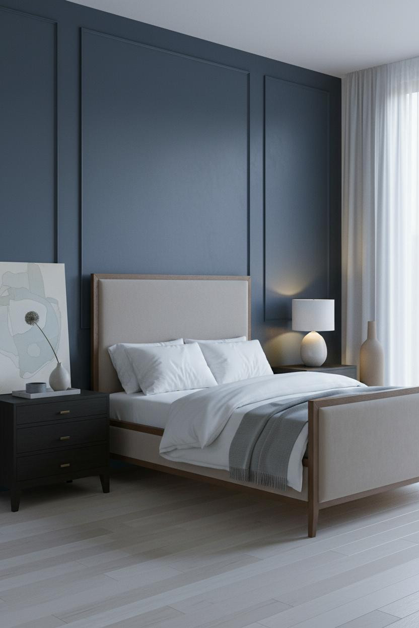 Bright, airy master bedroom with modern platform bed, soft neutral bedding, matte brass bedside lamp, and clean minimalist decor in warm whites and light wood tones.
