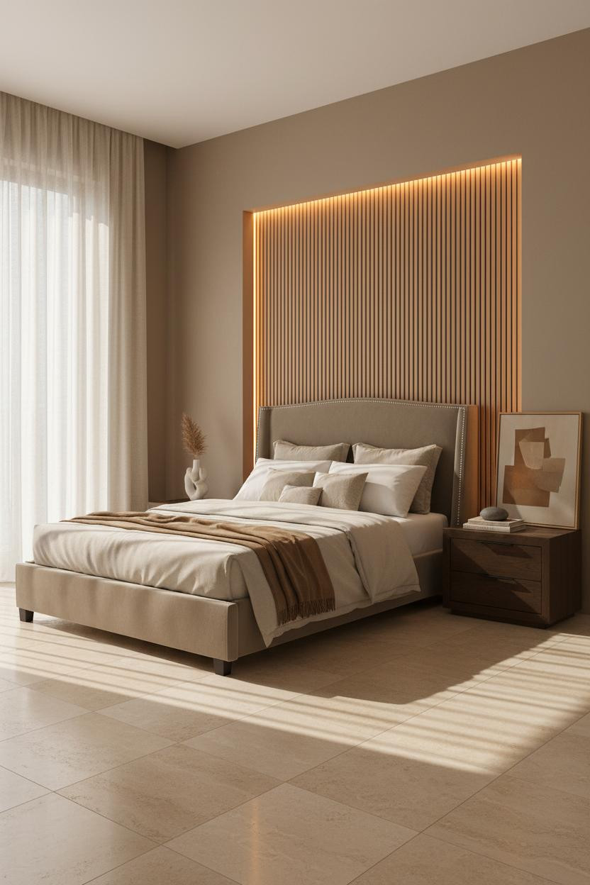 Bright modern master bedroom with light wood platform bed frame, matching wood nightstand, soft neutral bedding, warm natural light from window, and clean minimalist decor aesthetic.