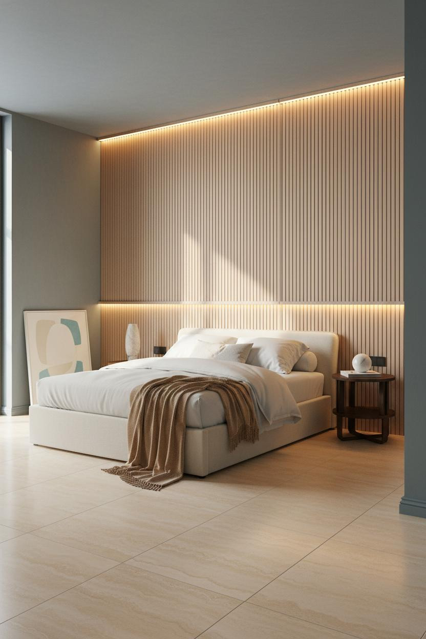 Bright modern master bedroom with neutral palette, statement pendant lighting above nightstand, soft natural light, clean lines, matte brass fixtures, and minimalist decor styling.