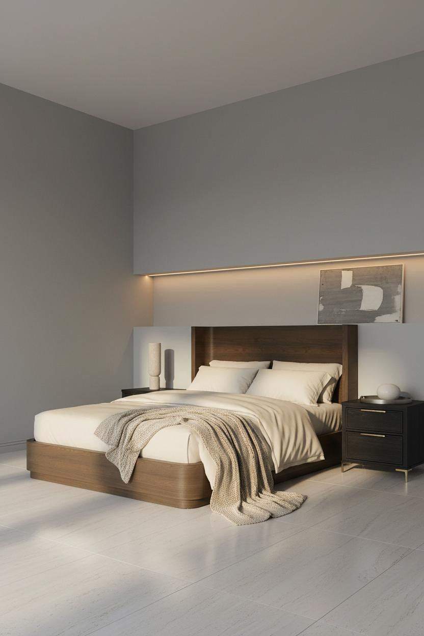 Bright modern master bedroom with upholstered bed frame, black nightstand, pendant lighting fixture, neutral bedding, and soft natural window light creating calm luxury aesthetic.