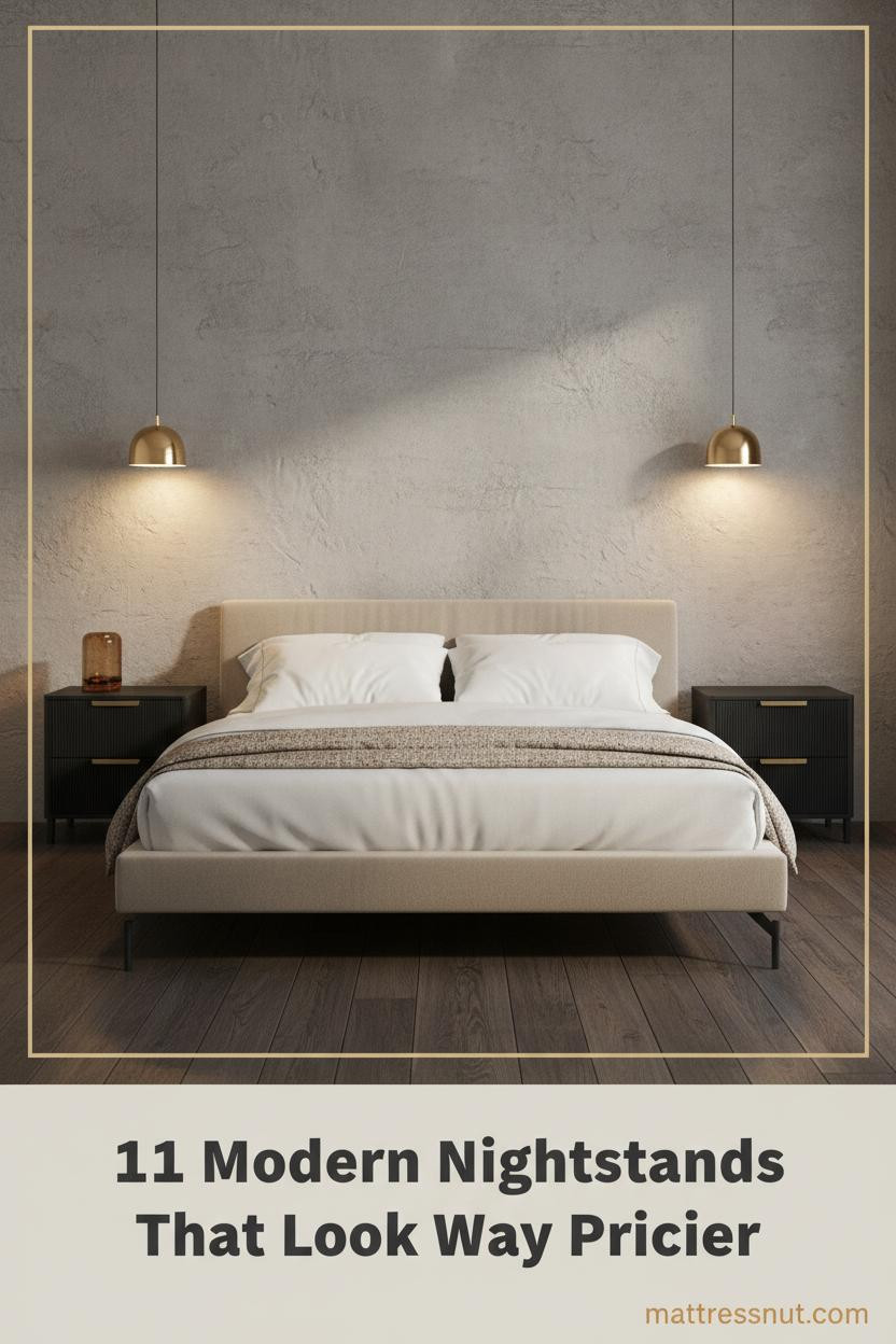 Minimalist bedroom with stone grey plaster walls, dark wood floors, brass sconces, white linen bedding, and a sleek modern nightstand with amber glass vessel