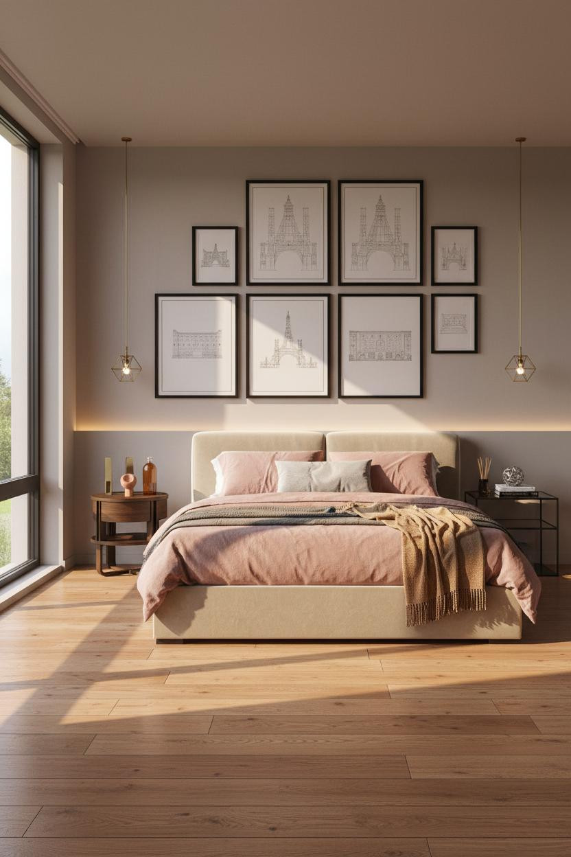 Modern Platform Bed Gallery Wall Bedroom