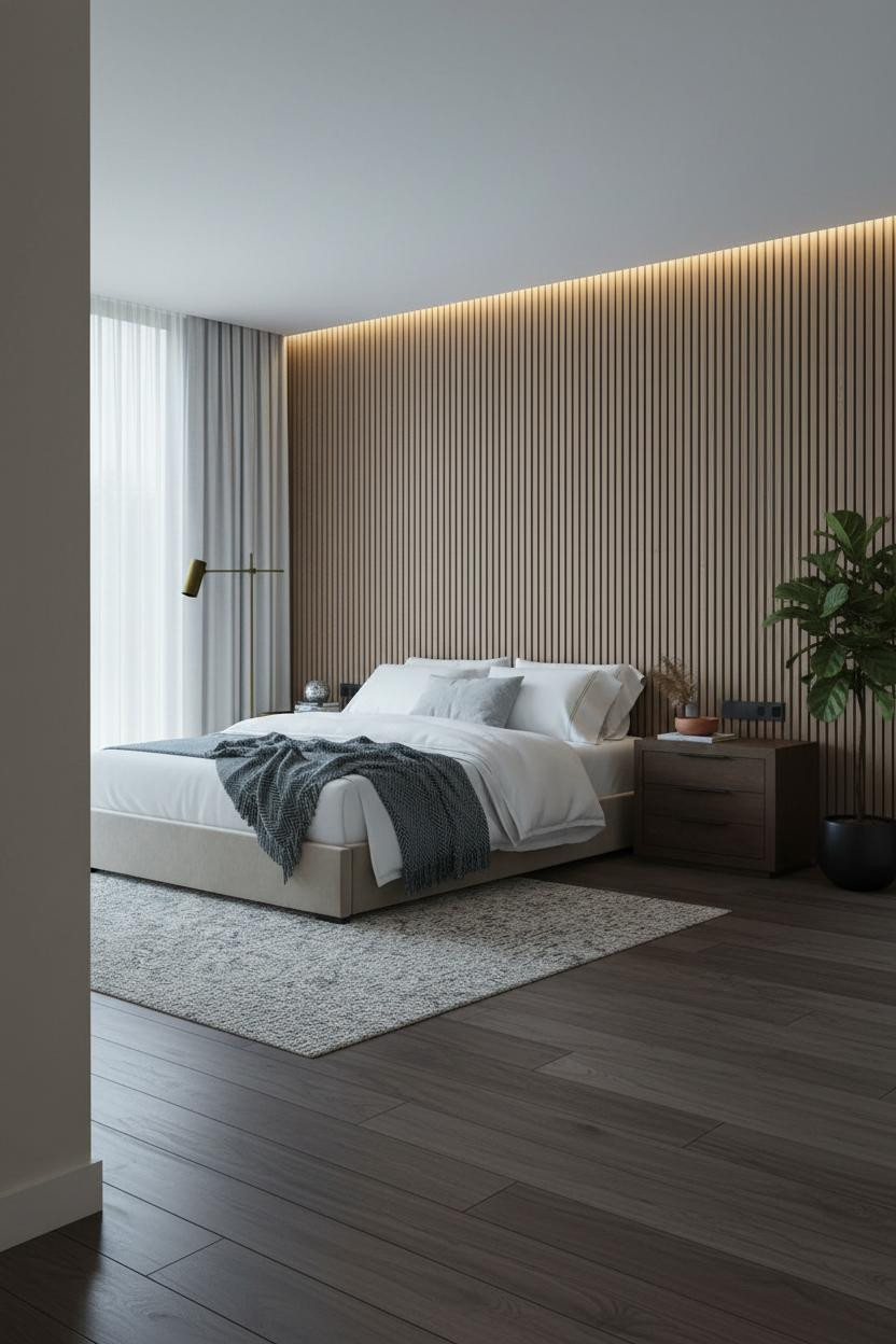 Modern Platform Bed Oak Slat Wall Design