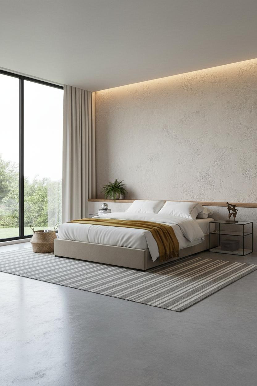 Modern Platform Bed Textured Plaster Wall