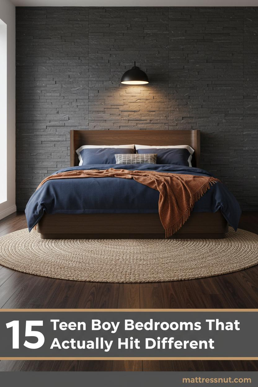 Teen boy bedroom with charcoal slate wall, dark walnut floors, navy bedding, rust canvas throw, jute rug, and warm matte black sconce lighting