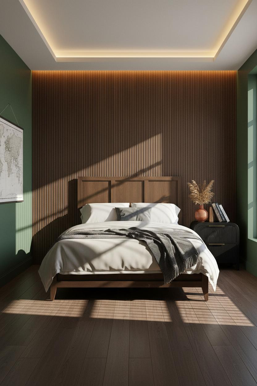 Modern Teen Boy Bedroom Walnut Panels Earthy