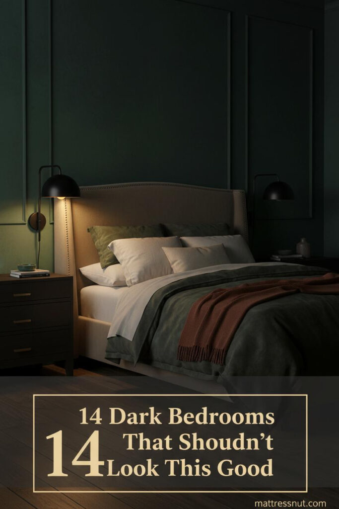 Moody master bedroom with charcoal moss velvet duvet, cream linen pillows, rust wool throw, emerald limewash walls, and warm amber sconce lighting