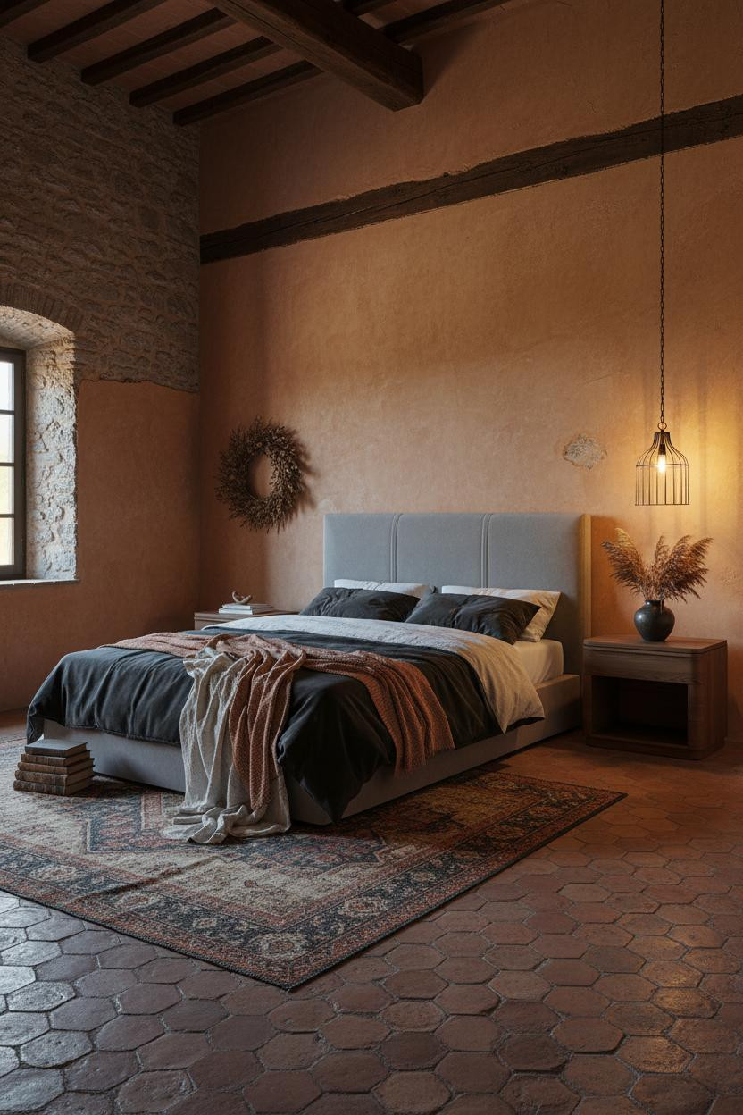 Dark moody bedroom with layered bedding in deep green tones, natural wood bed frame, matte brass nightstand, soft natural light from window, neutral walls, vintage aesthetic.