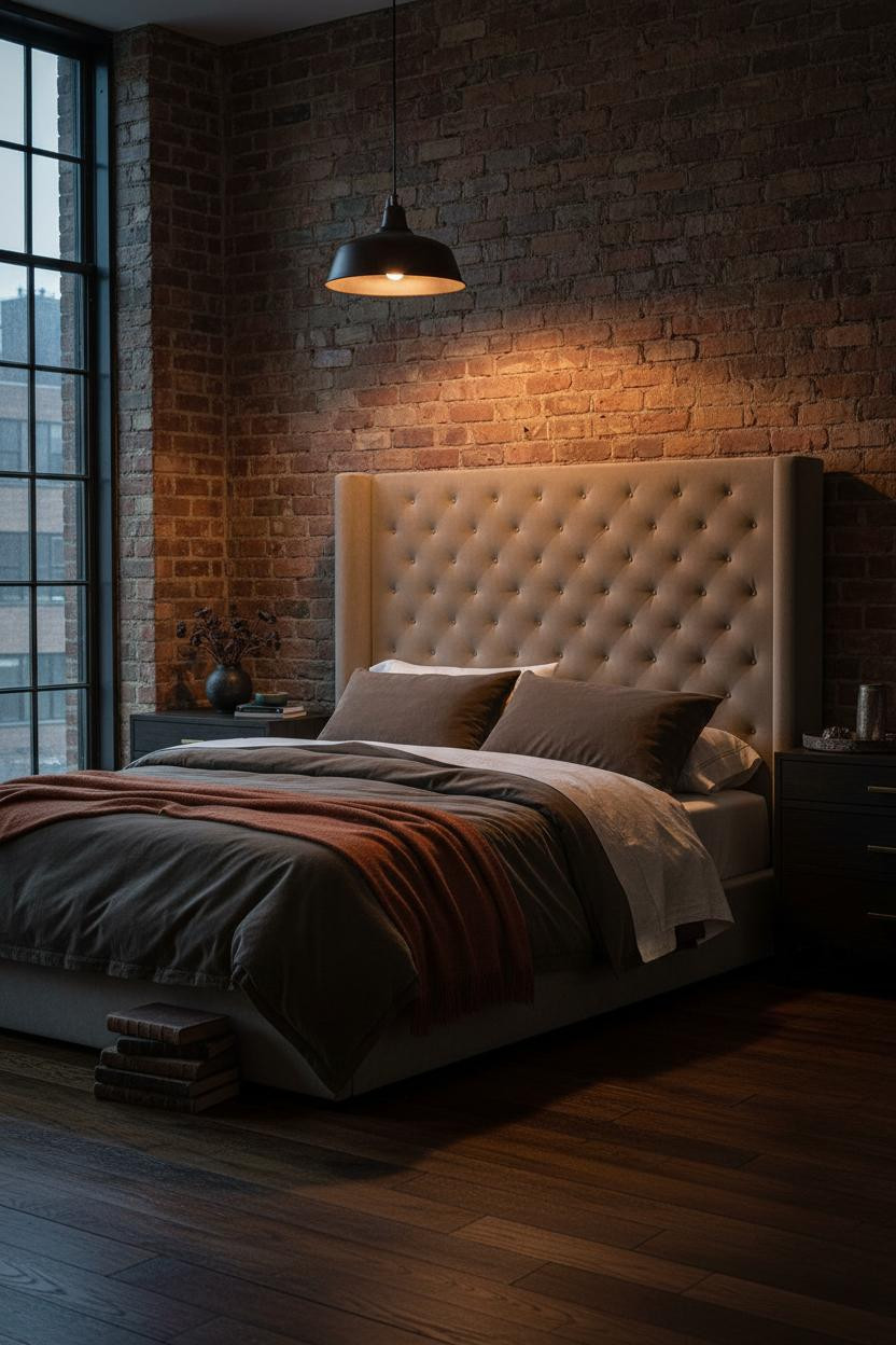 Moody master bedroom with dark green bedding on wooden bed frame, soft brass bedside lamp, warm natural light from window, cream and sage accents, vintage eclectic style.