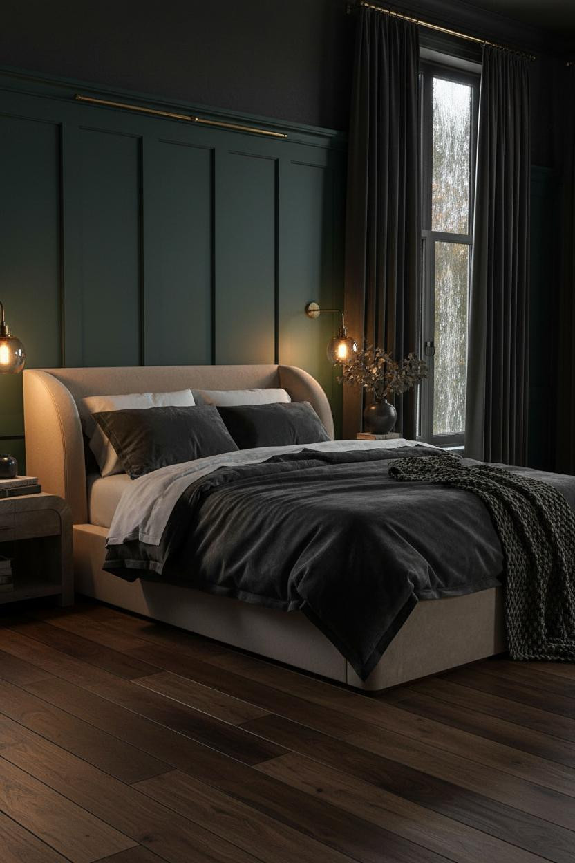 Dark moody master bedroom with deep green bedding set on modern bed frame, black nightstand, soft natural window light, neutral walls, and layered vintage-inspired decor.