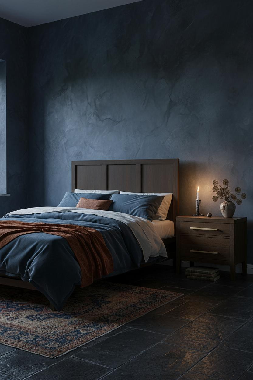 Dark moody master bedroom with layered bedding in deep green tones, natural wood nightstand, soft window lighting, and vintage eclectic decor creating a calm cottage bedroom aesthetic.