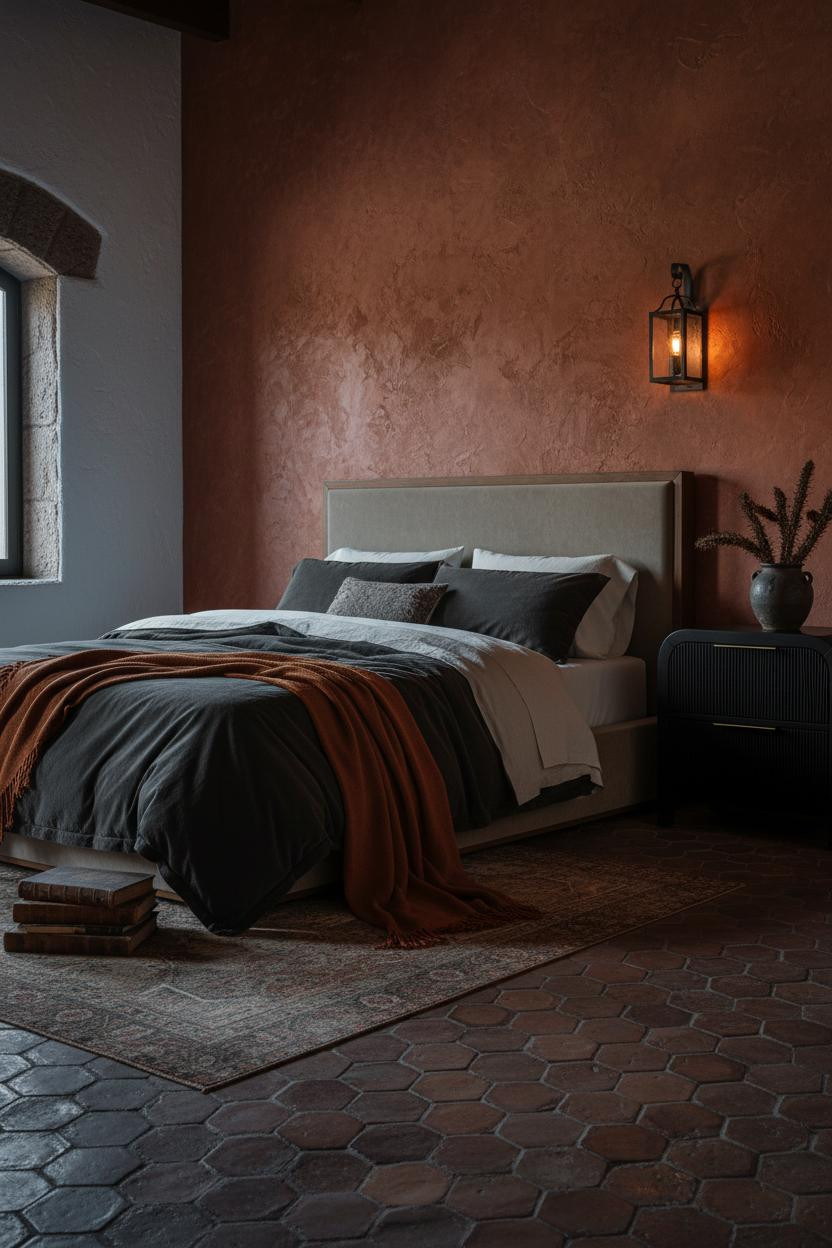 Moody master bedroom with dark green bedding set, natural wood frame bed, warm brass nightstand lamp, and soft neutral pillows on a bright, airy bedroom.