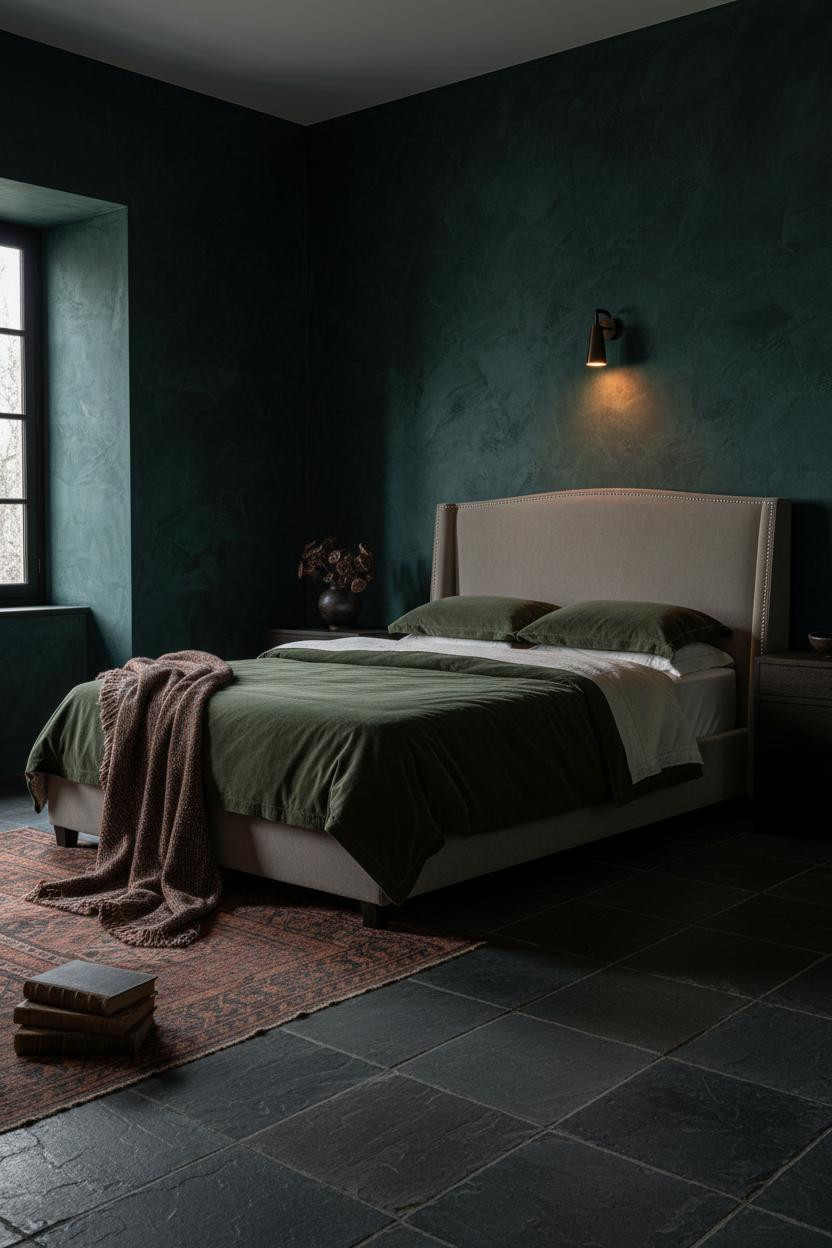 Moody master bedroom with dark green bedding set on wooden bed frame, cream linen pillows, natural wood nightstand, soft window light, earthy cottage aesthetic.
