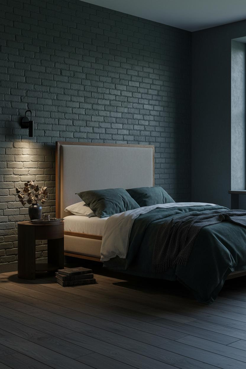 Master bedroom with moody dark green bedding set on upholstered bed frame, paired with wood nightstand, soft natural light from window, neutral walls, layered textures and vintage accessories.