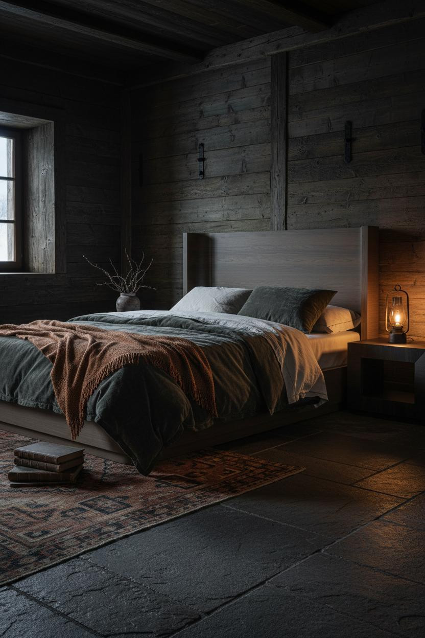 Dark moody master bedroom with layered bedding in deep green and charcoal tones, natural wood nightstand, soft window lighting, and vintage eclectic decor on neutral walls.