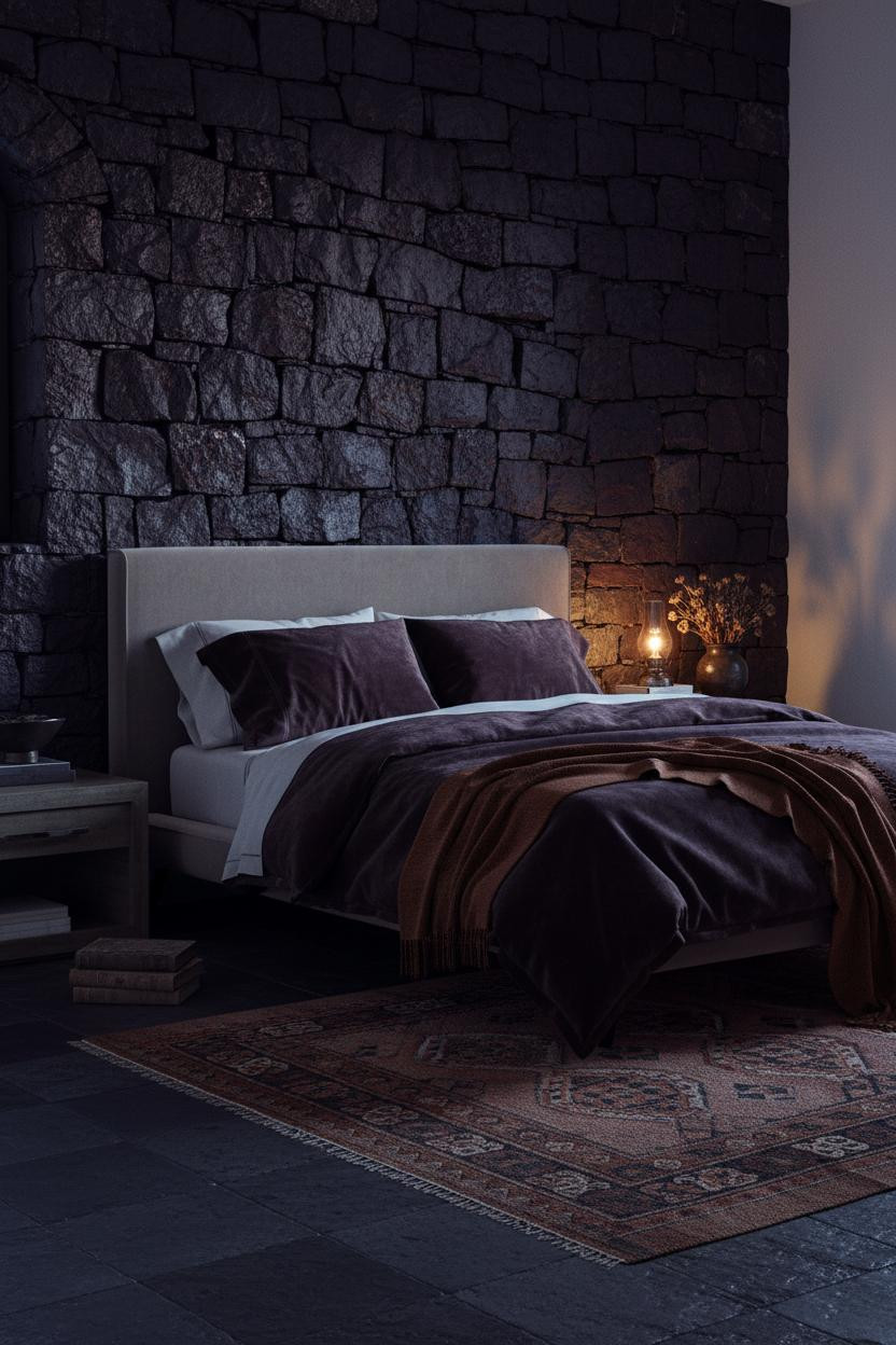 Dark moody bedroom with layered bedding set on wooden bed frame, brass bedside lamp, soft natural light from window, neutral walls, vintage eclectic style.