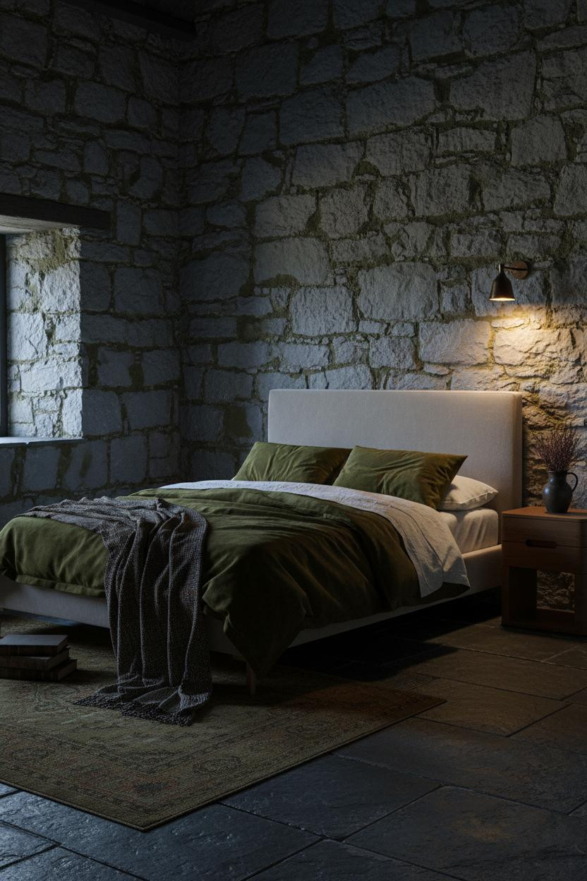 Moody master bedroom with dark green bedding, natural wood bed frame, matching nightstand, warm brass lamp, and soft natural window light creating calm, earthy aesthetic.