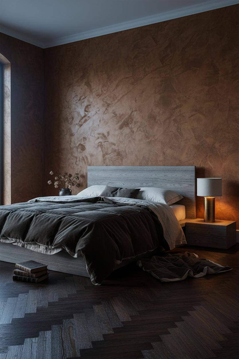 Dark moody bedroom with green bedding set on natural wood bed frame, soft brass bedside lamp, cream pillows, and warm natural light from window creating calm aesthetic.