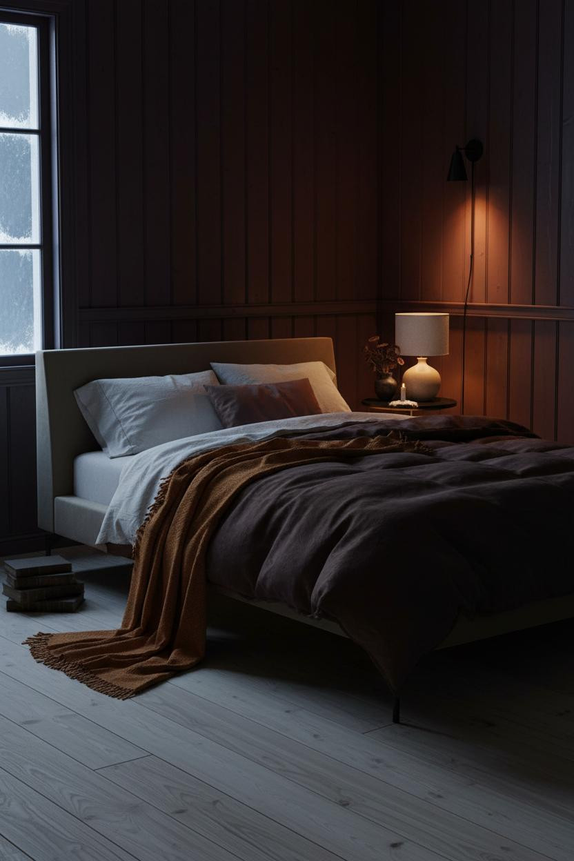 Moody master bedroom with dark green bedding set, wooden bed frame, soft brass bedside lamp, cream pillows, and warm natural light from window creating calm eclectic aesthetic.