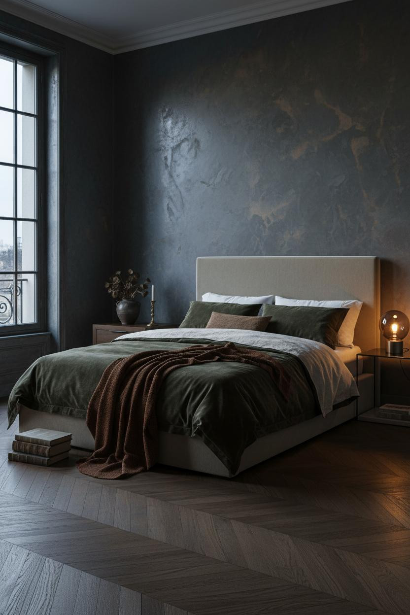 Master bedroom with dark moody bedding set on wooden bed frame, cream and sage green tones, natural wood nightstand, soft window lighting, eclectic vintage decor.