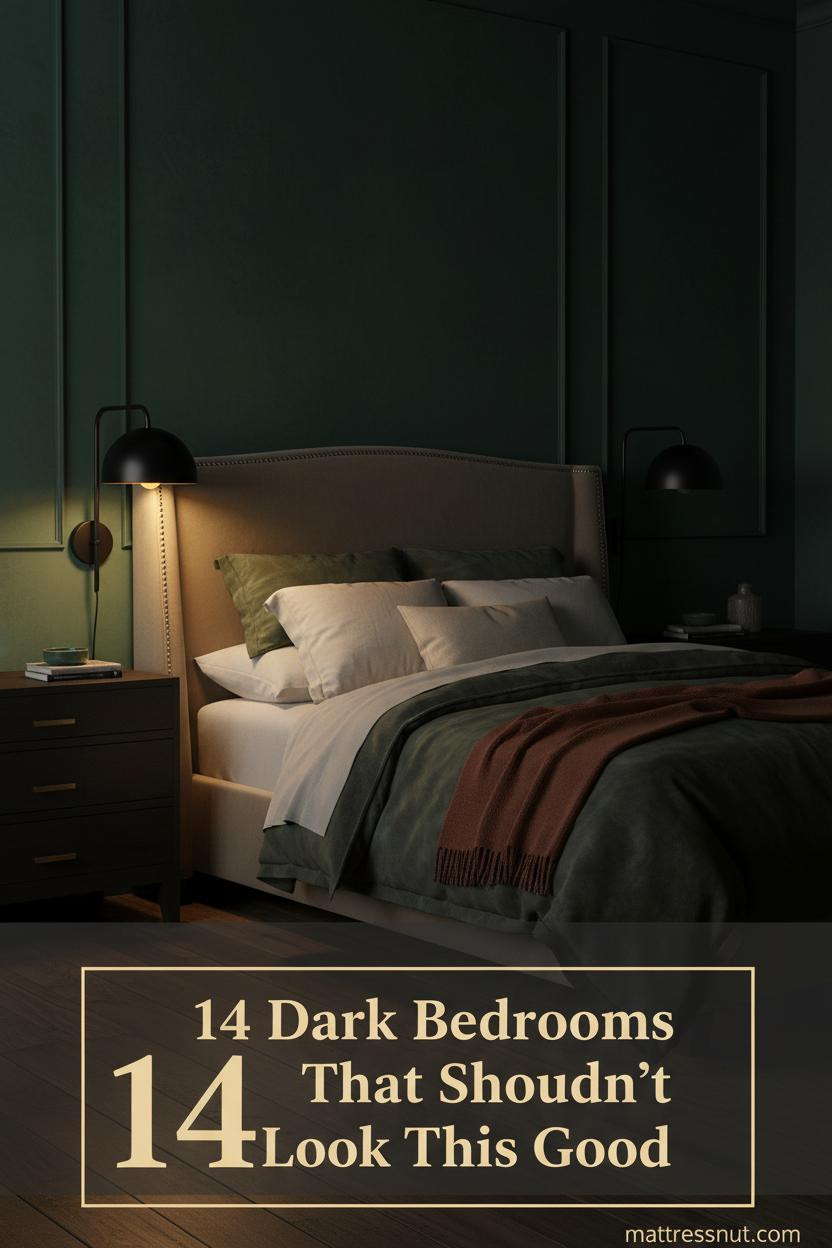 Moody master bedroom with charcoal moss velvet duvet, cream linen pillows, rust wool throw, emerald limewash walls, and warm amber sconce lighting