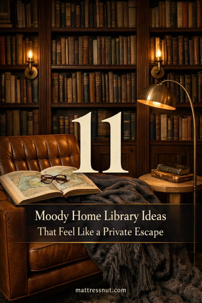 Dark wood shelving with leather armchair, brass reading lamp, and deep green walls creating an intimate library atmosphere