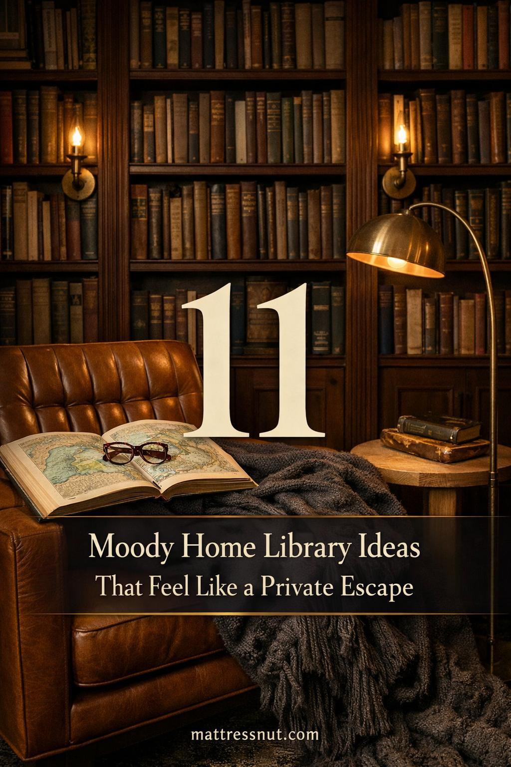 Dark wood shelving with leather armchair, brass reading lamp, and deep green walls creating an intimate library atmosphere