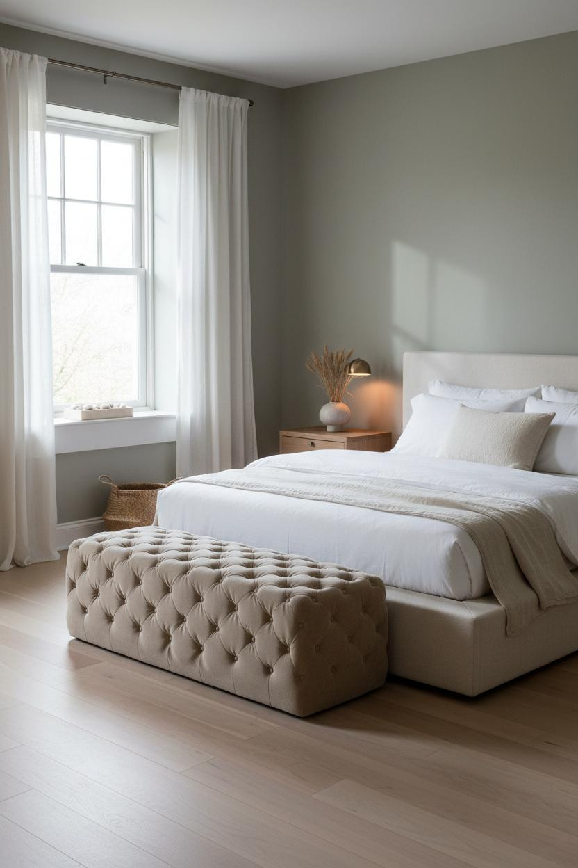 Serene neutral bedroom with warm beige walls, cream bedding on upholstered bed frame, soft tufted ottoman at foot, natural wood nightstand, and bright window light creating calm minimalist space.