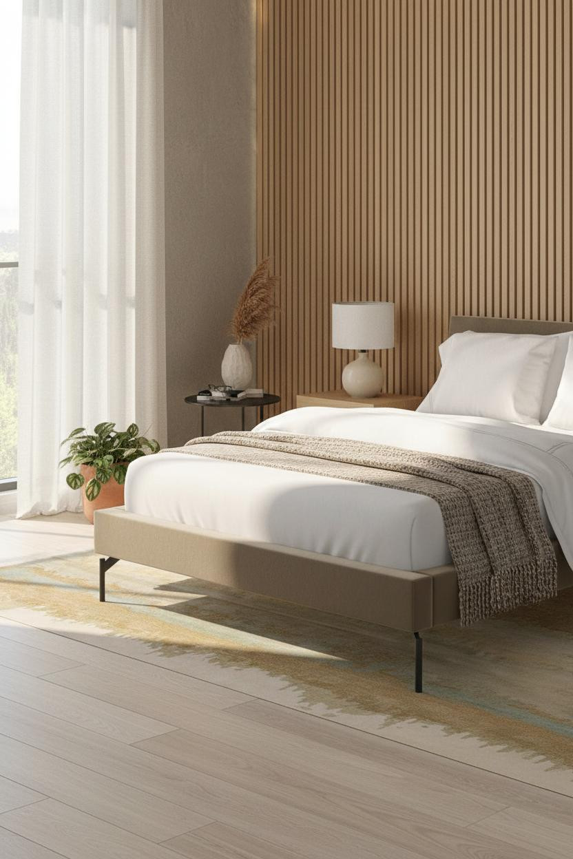 Serene neutral bedroom with cream bedframe, soft beige bedding, minimalist wood nightstand, and warm brass bedside lamp on bright white walls with natural daylight.