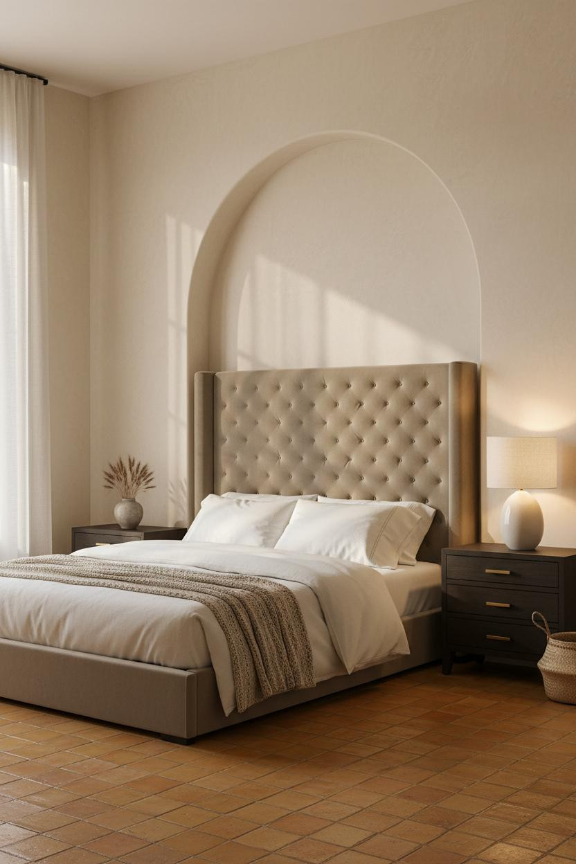 Bright, airy neutral bedroom with cream bedding, warm beige walls, natural wood nightstand, and modern brass bedside lamp on soft linen bedding in morning light.