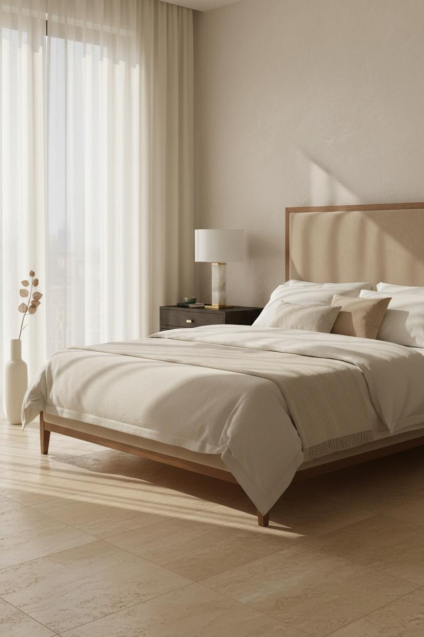 Bright neutral bedroom with cream bedding, beige walls, soft wood bed frame, and modern brass bedside lamp on natural wood nightstand. Minimalist earthy design with warm natural light.