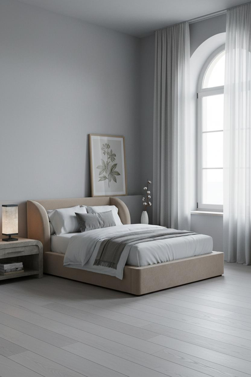Serene neutral bedroom with cream walls, natural wood bed frame, soft beige bedding, and warm brass bedside lamp on light wood nightstand. Minimalist, airy design with warm natural lighting.