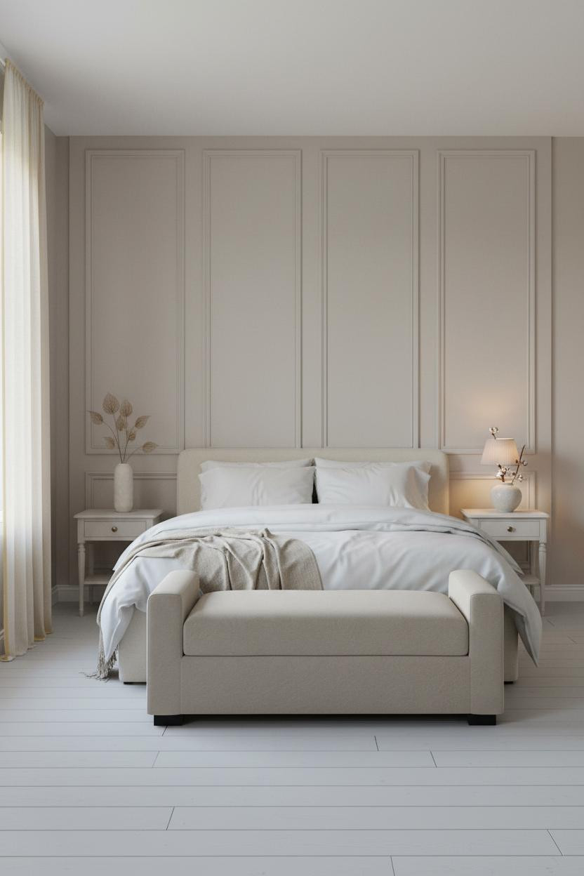 Bright neutral bedroom with cream walls, beige upholstered bed frame, soft linen bedding, and cushioned bench at foot of bed. Natural daylight, minimalist decor, warm wood accents.