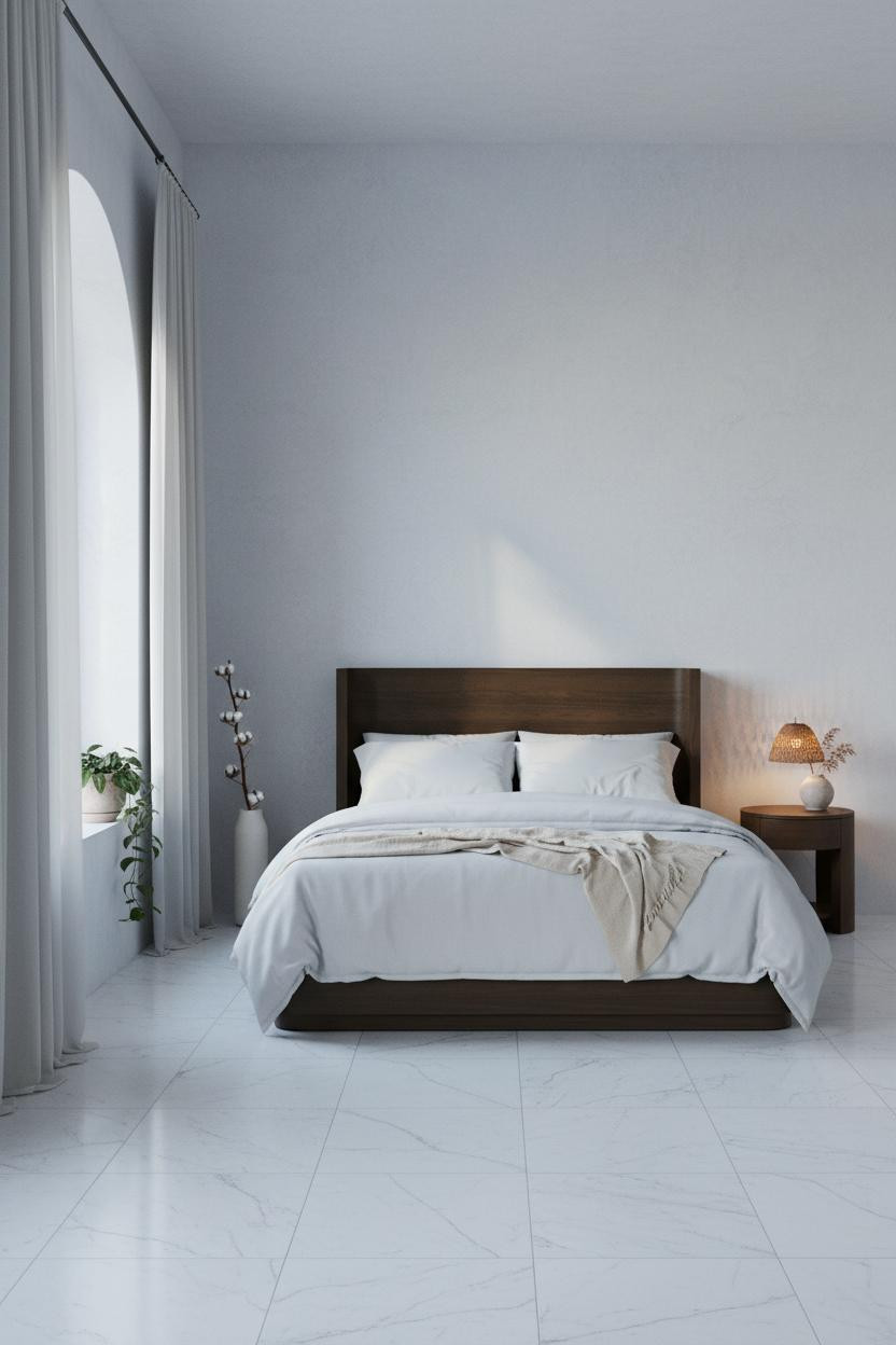 Bright, airy neutral bedroom with cream walls, beige bedding on natural wood bed frame, light wood nightstand, soft window light, and minimalist decor in warm earth tones.