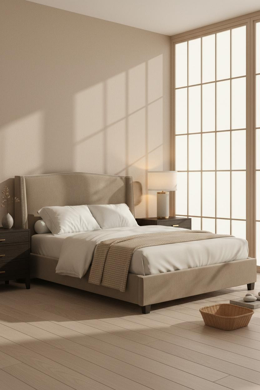 Serene neutral bedroom with cream bedding, beige walls, warm wood bed frame, soft brass bedside lamp, and layered textures in natural linen and woven accents.