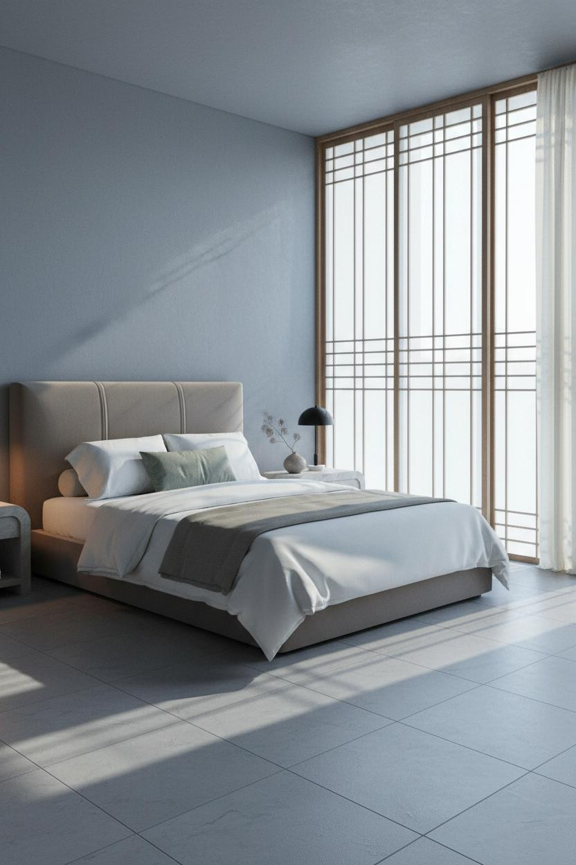 Serene neutral bedroom with cream bedding on wooden bed frame, soft beige walls, matte brass bedside lamp, natural daylight from window, minimalist nightstand styling, calm earthy color palette.