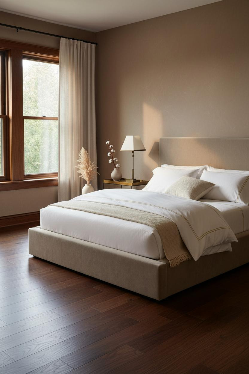Serene neutral bedroom with cream bedding, warm beige walls, natural wood bed frame, soft brass bedside lamp, and minimalist decor creating a calm, Japandi-inspired sleep space with bright natural light.