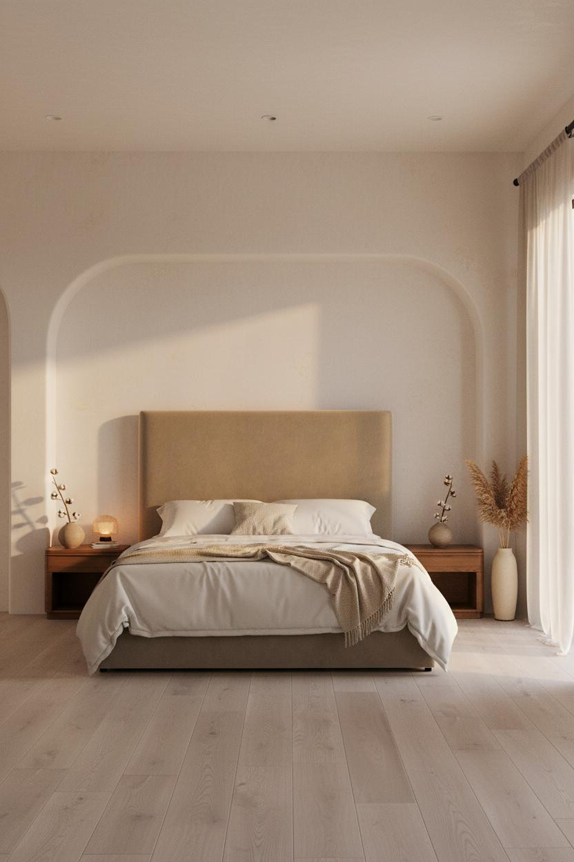 Serene neutral bedroom with cream bedding, beige walls, light wood nightstand, and soft natural daylight from window, creating a calm minimalist sleep space.