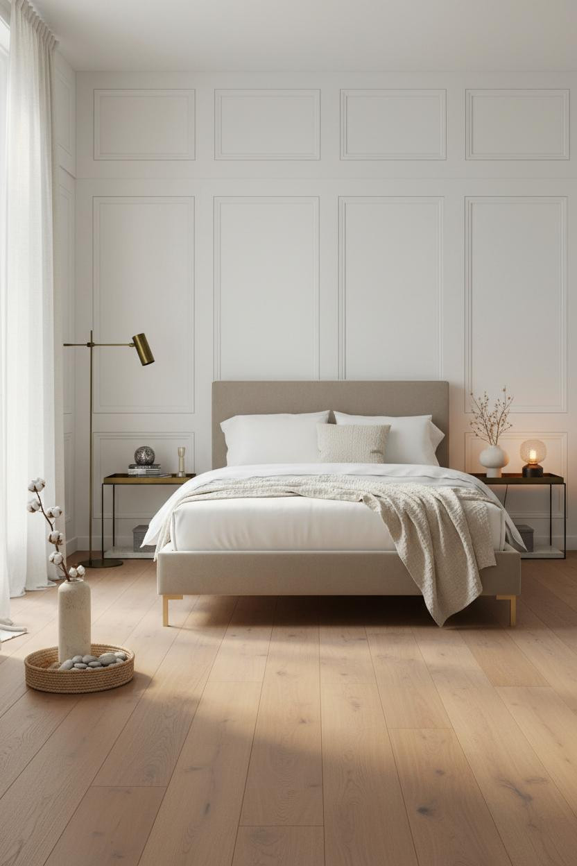 Serene neutral bedroom with cream walls, beige upholstered bed frame, soft linen bedding, and a channel-quilted ottoman in warm greige tones, bright natural light from window.